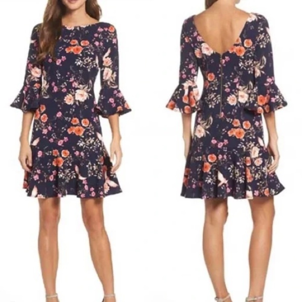 Eliza J Navy Floral Bell Sleeve Flounce Dress